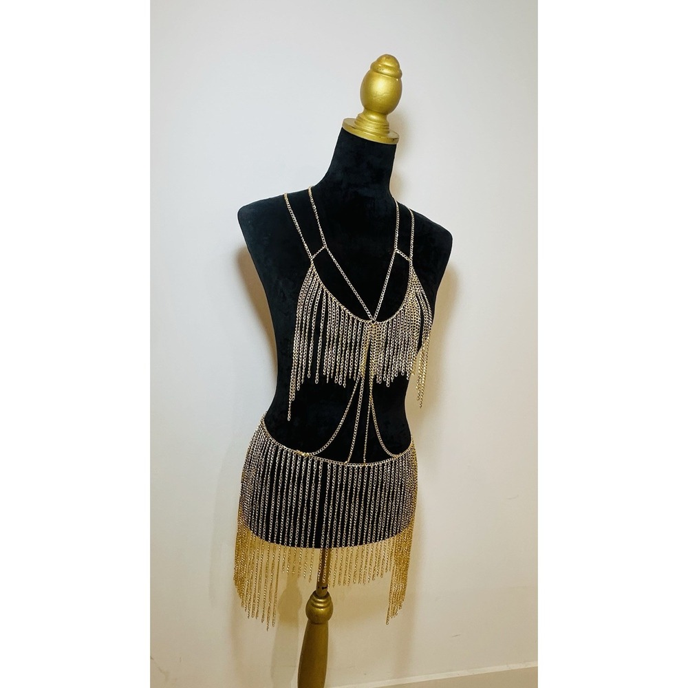 Women Gold Chain Body Jewelry Set - Fringe Bra Top & Skirt Belly Dance Clubwear